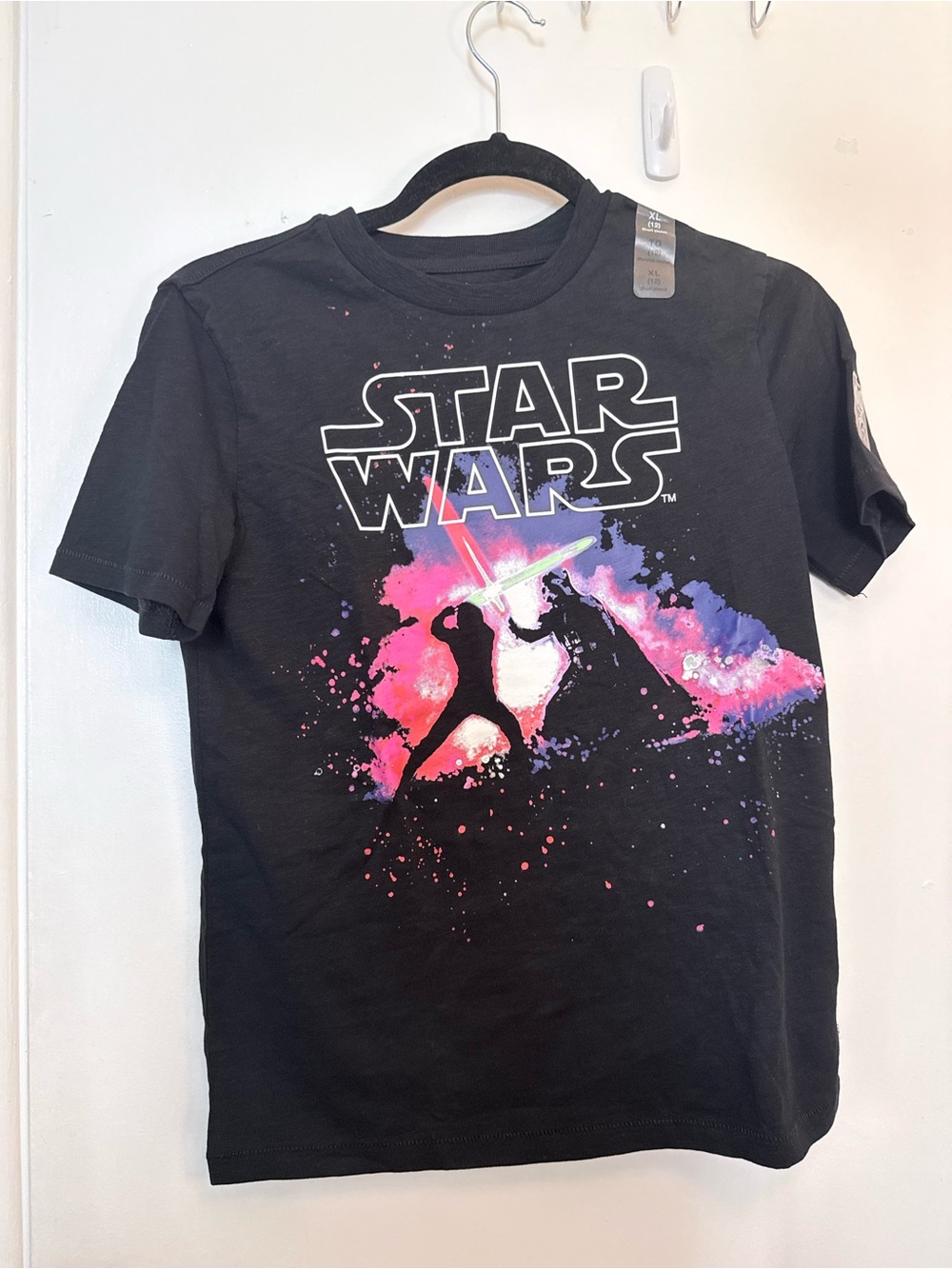GAP Black Star Wars Tee with Pink & Purple Lightsabers
